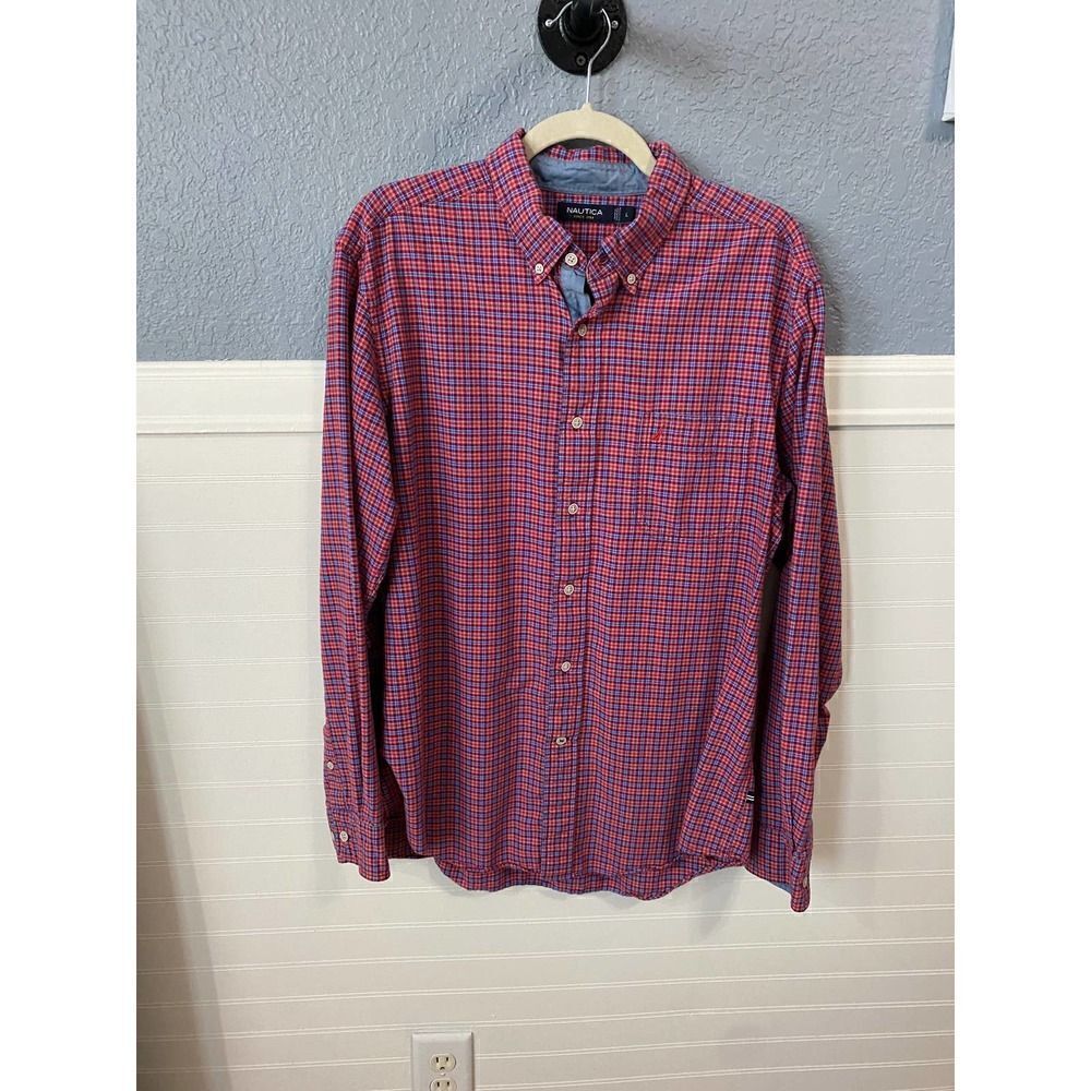 Nautica Red & Blue Checkered Collared Button Down Dress Shirt Size Large